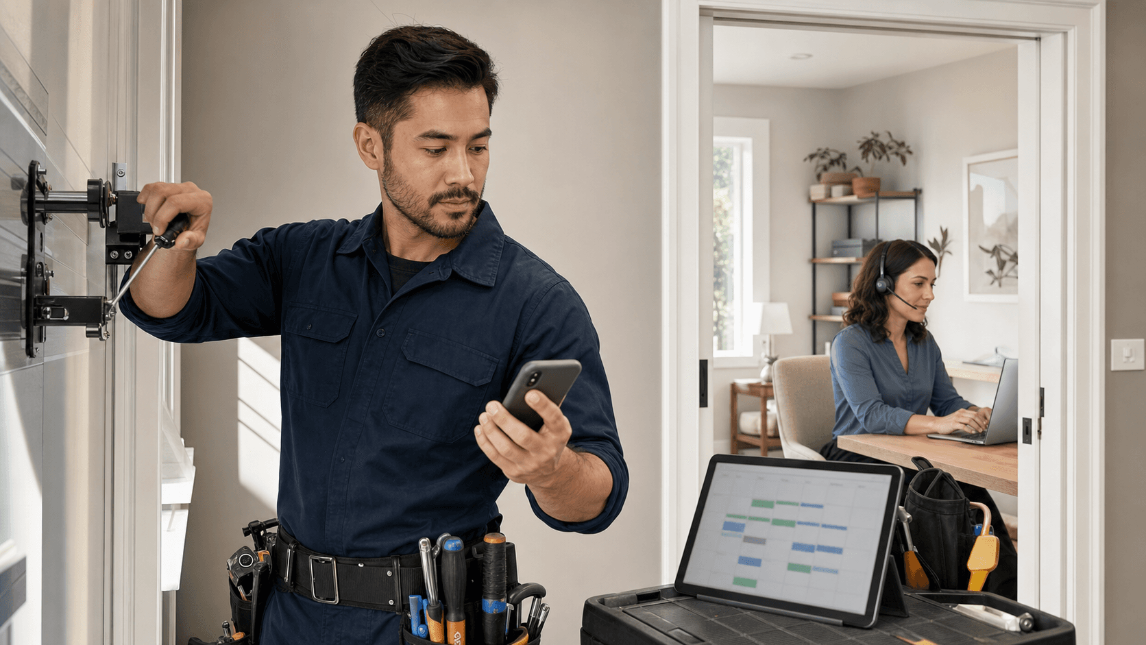 Contractor in hard hat reviews leads on a laptop beside a digital dashboard overlay, in a bright modern office.