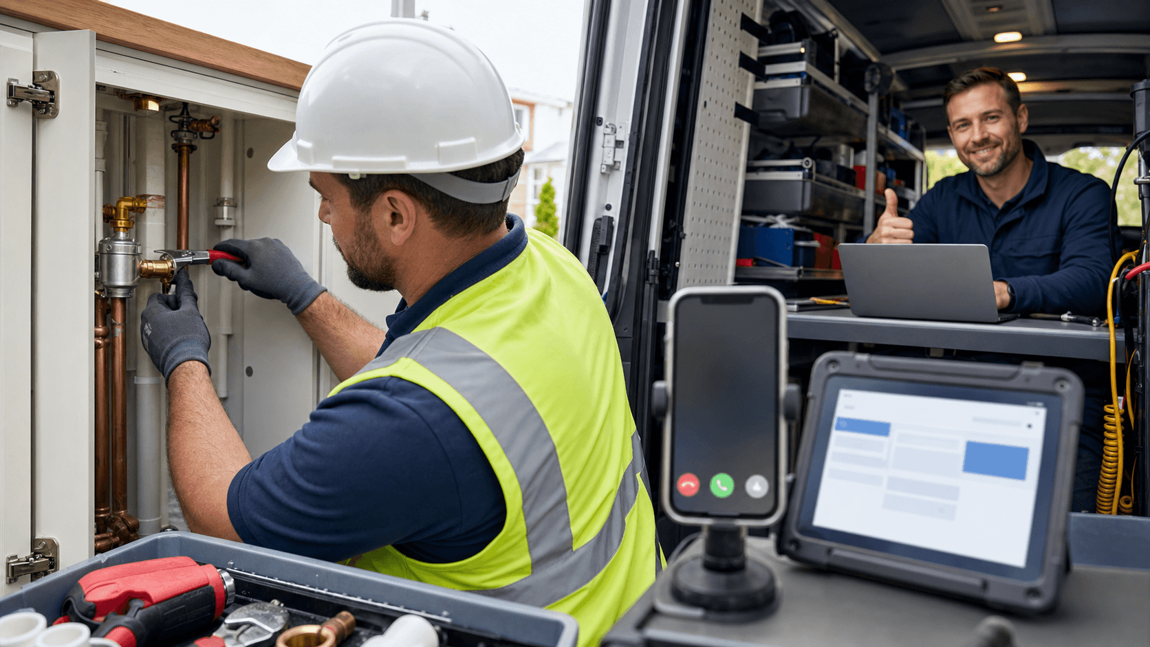 Contractor in hard hat checks a tablet beside a smartphone with chat bubbles, on a blue-toned desk background